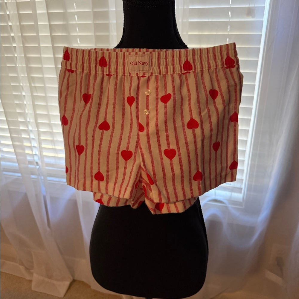 Old Navy Pink and Red Heart Striped PJ Shorts